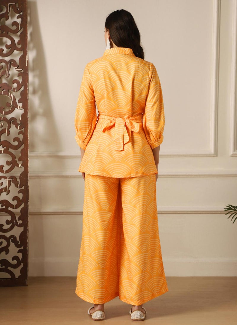 Globus Women Yellow Shirt Collar Puff Sleeves Abstract Print Tunic With Palazzos & Embroidered Belt Fusion Co-Ord Set - Image 4